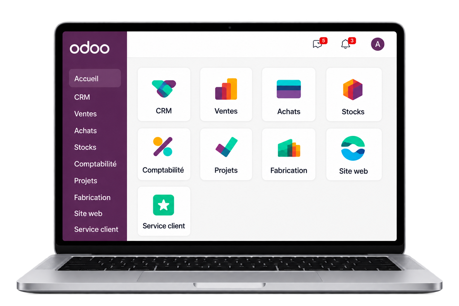 Interface Odoo affichée sur un ordinateur portable