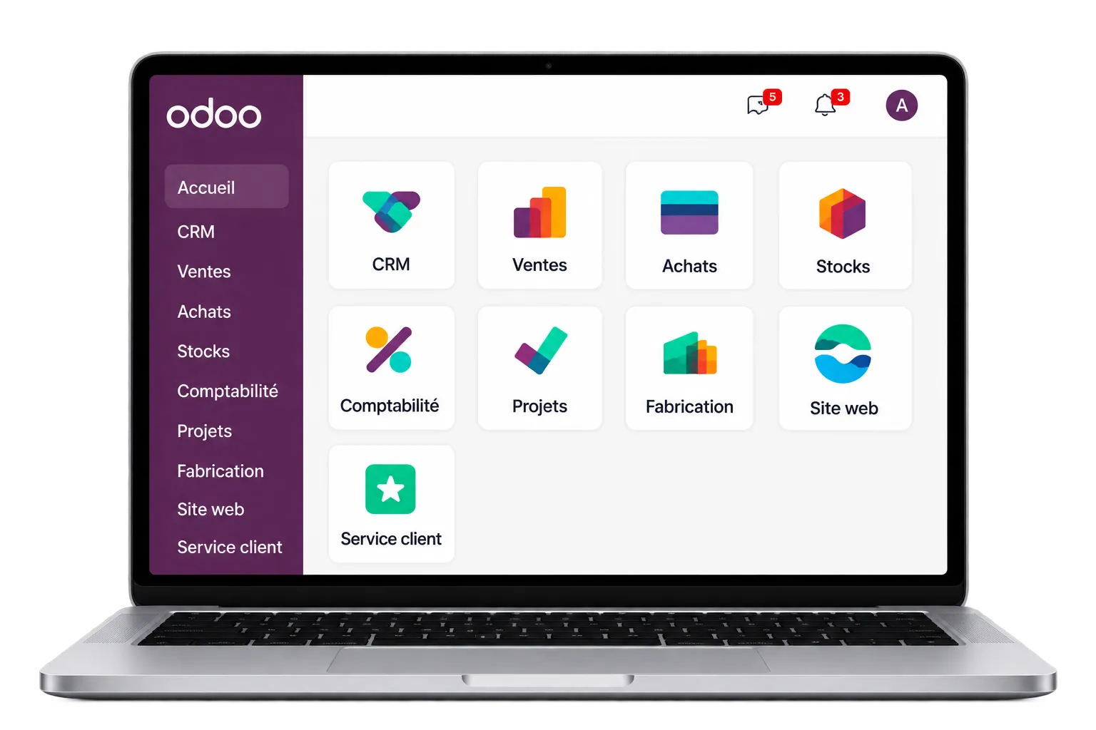 Interface Odoo affichée sur un ordinateur portable